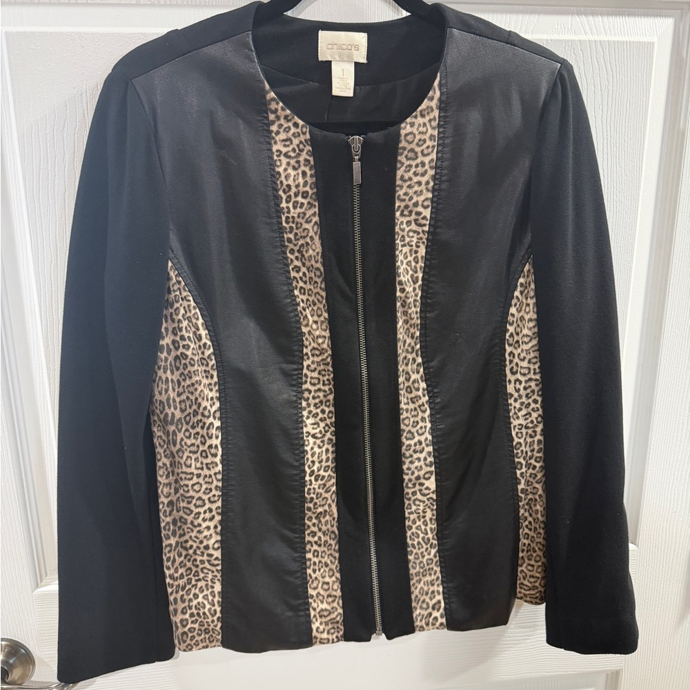 Chico's Black and Cream faux leather Leopard Print Blazer